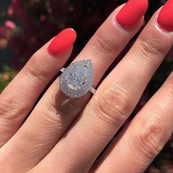 💍925 SILVER PEAR CUT TEARDROP DIAMOND HALO RING💍 - Picture 2 of 5